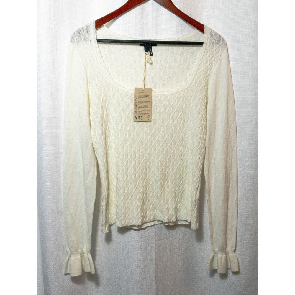 NWT Paige Sweater Top Womens L Ivory Cream Cable Knit Ruffle Sleeve Coquette